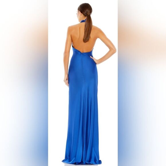 Mac Duggal 26925 High Slit Cross Halter Dress NWT Size 10 Blue - Picture 2 of 5